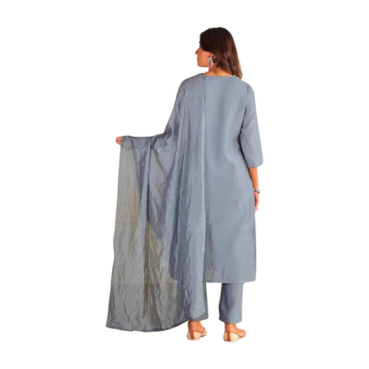 Eagle Gray Thread Embroidered Straight Kurta Set with Dupatta