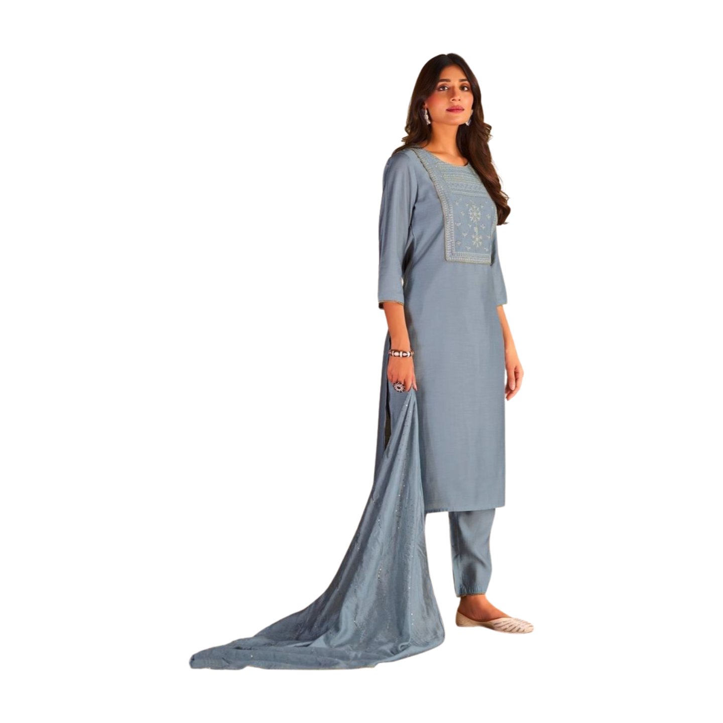 Eagle Gray Thread Embroidered Straight Kurta Set with Dupatta