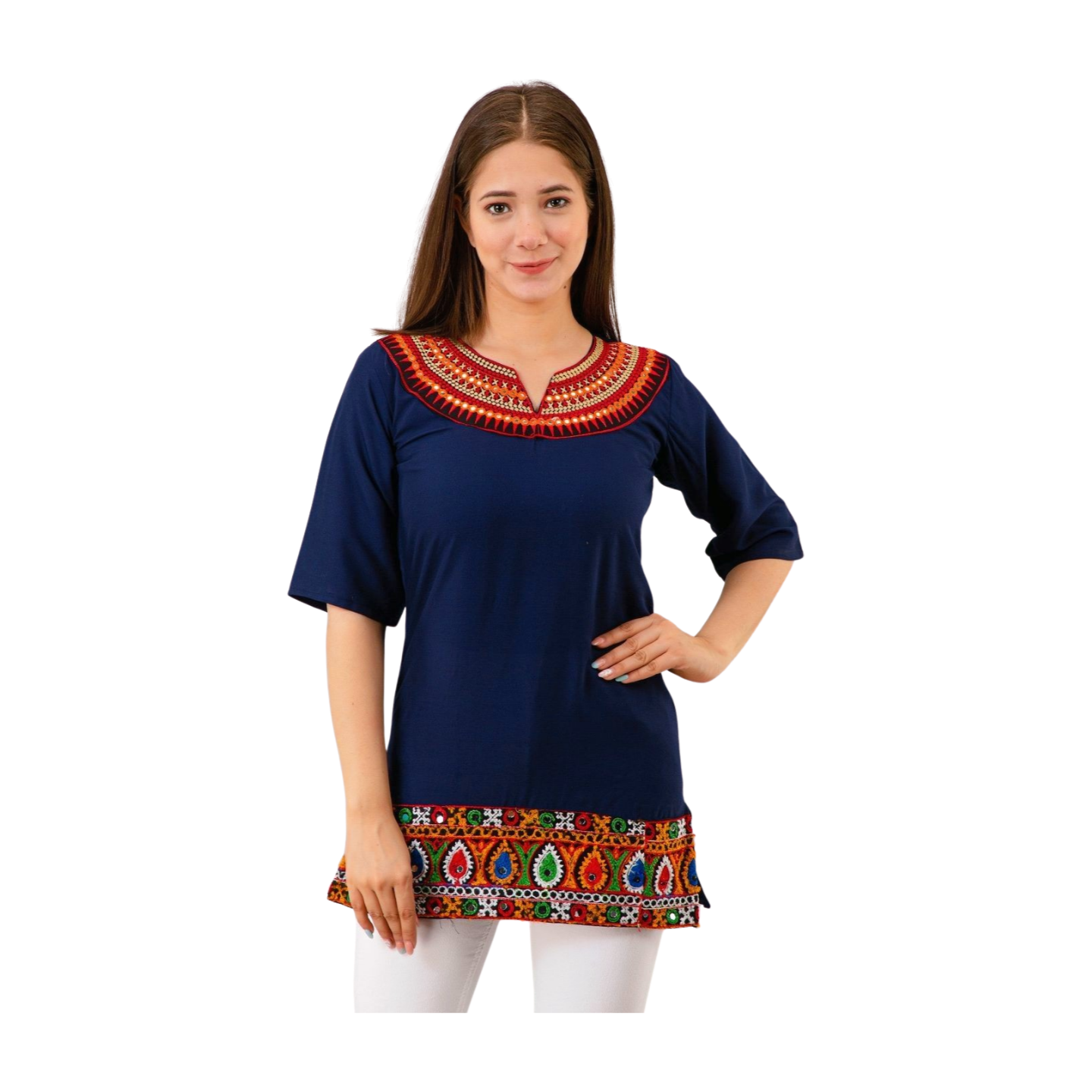Embroidered Cotton Short Kurti – Multicolour Neck Design