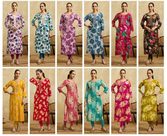 Premium Straight Printed Rayon Kurti with Embroidery Highlights