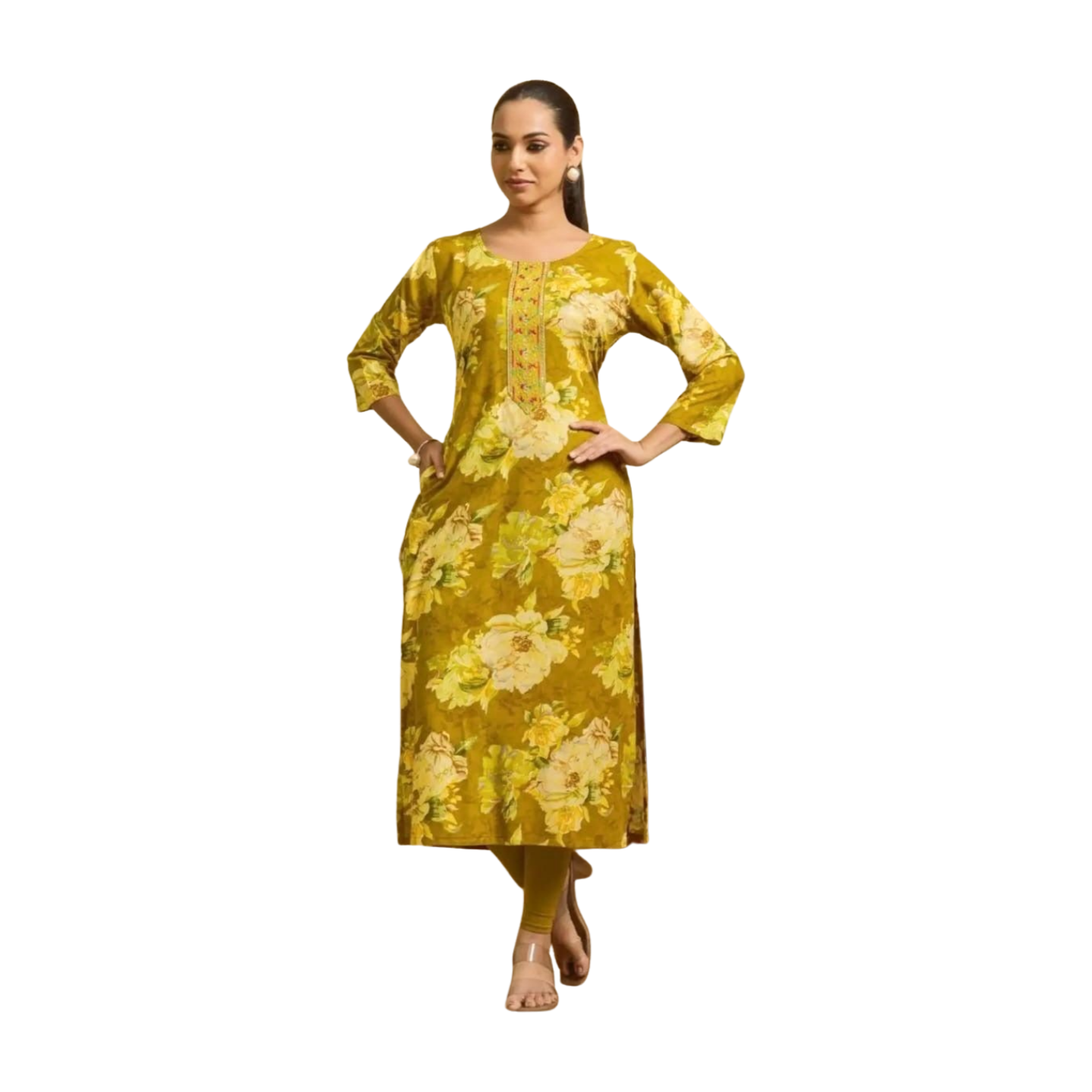 Premium Straight Printed Rayon Kurti with Embroidery Highlights