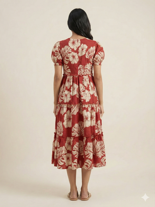 Women’s Rayon Floral Tiered Anarkali Dress – Half Sleeves | 45" Length