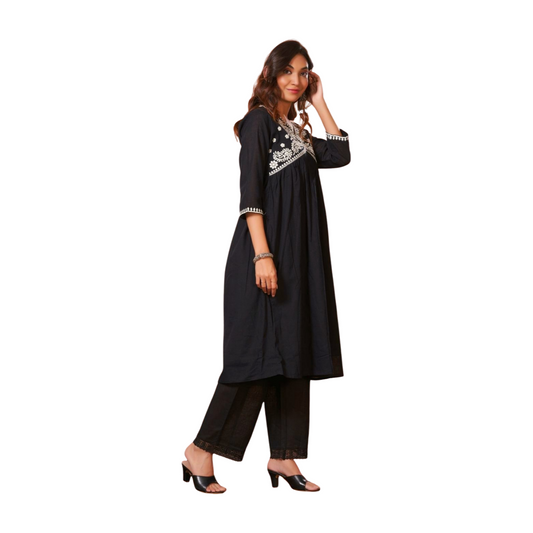 Black Contrast Thread Embroidered Kurta Set with Dupatta