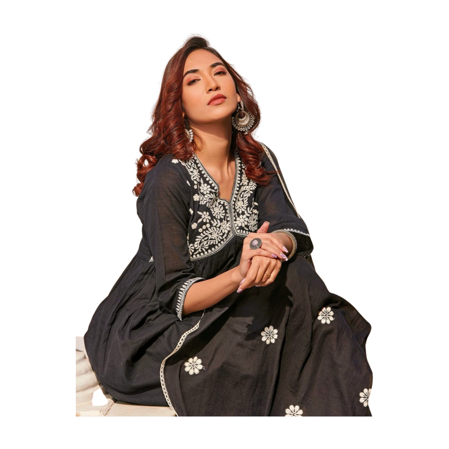 Black Contrast Thread Embroidered Kurta Set with Dupatta