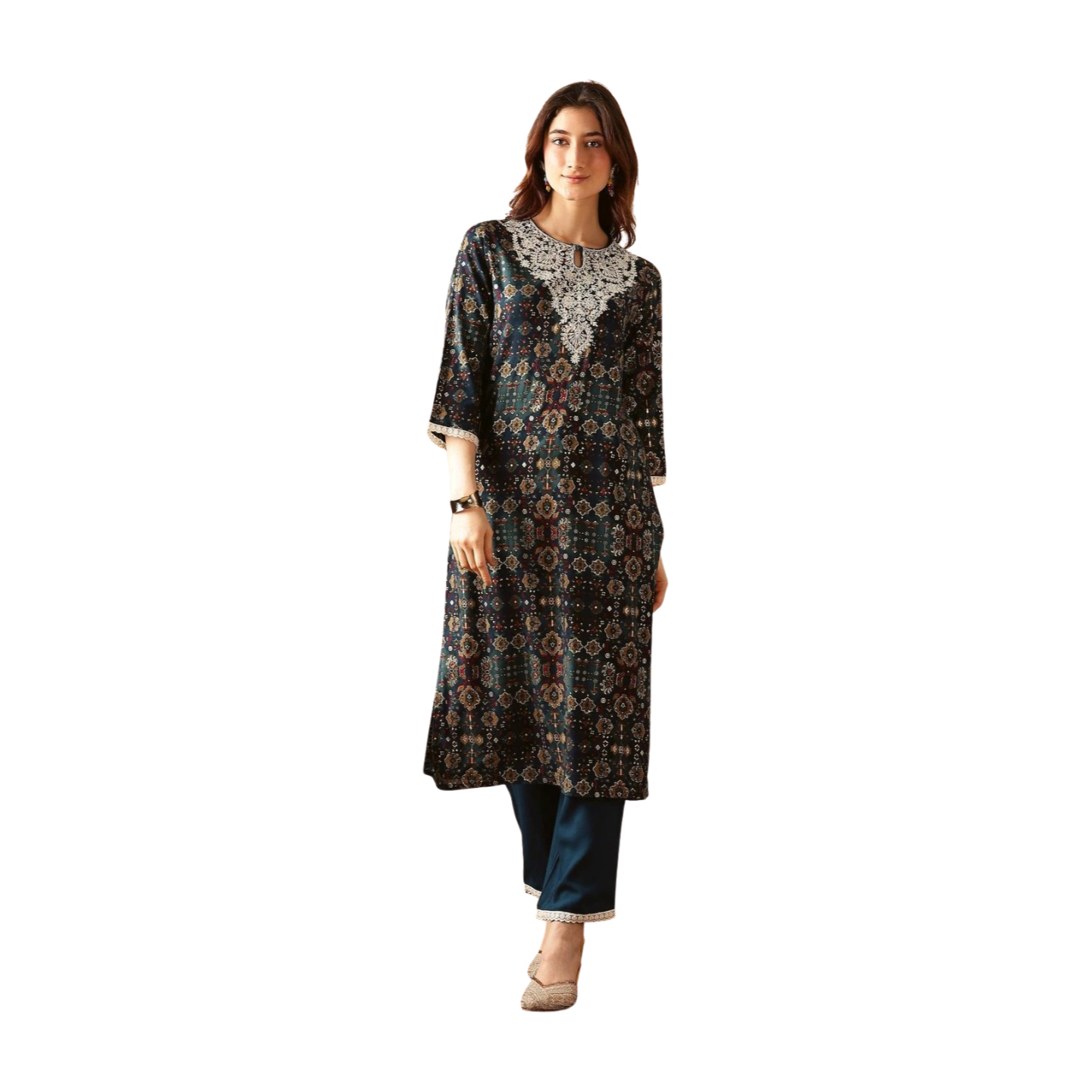 Navy Blue Printed Cotton Kurta Set with Embroidered Neck