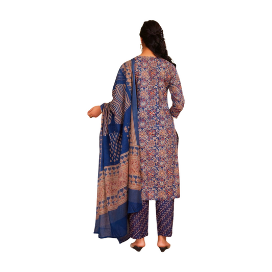 Royal Blue Printed Chanderi Straight Suit Set with Embroidered Neckline