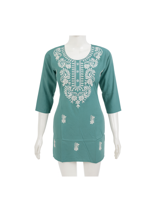 Women’s Lucknowi-Style Embroidered Short Kurti – 3/4 Sleeves | Daily Wear
