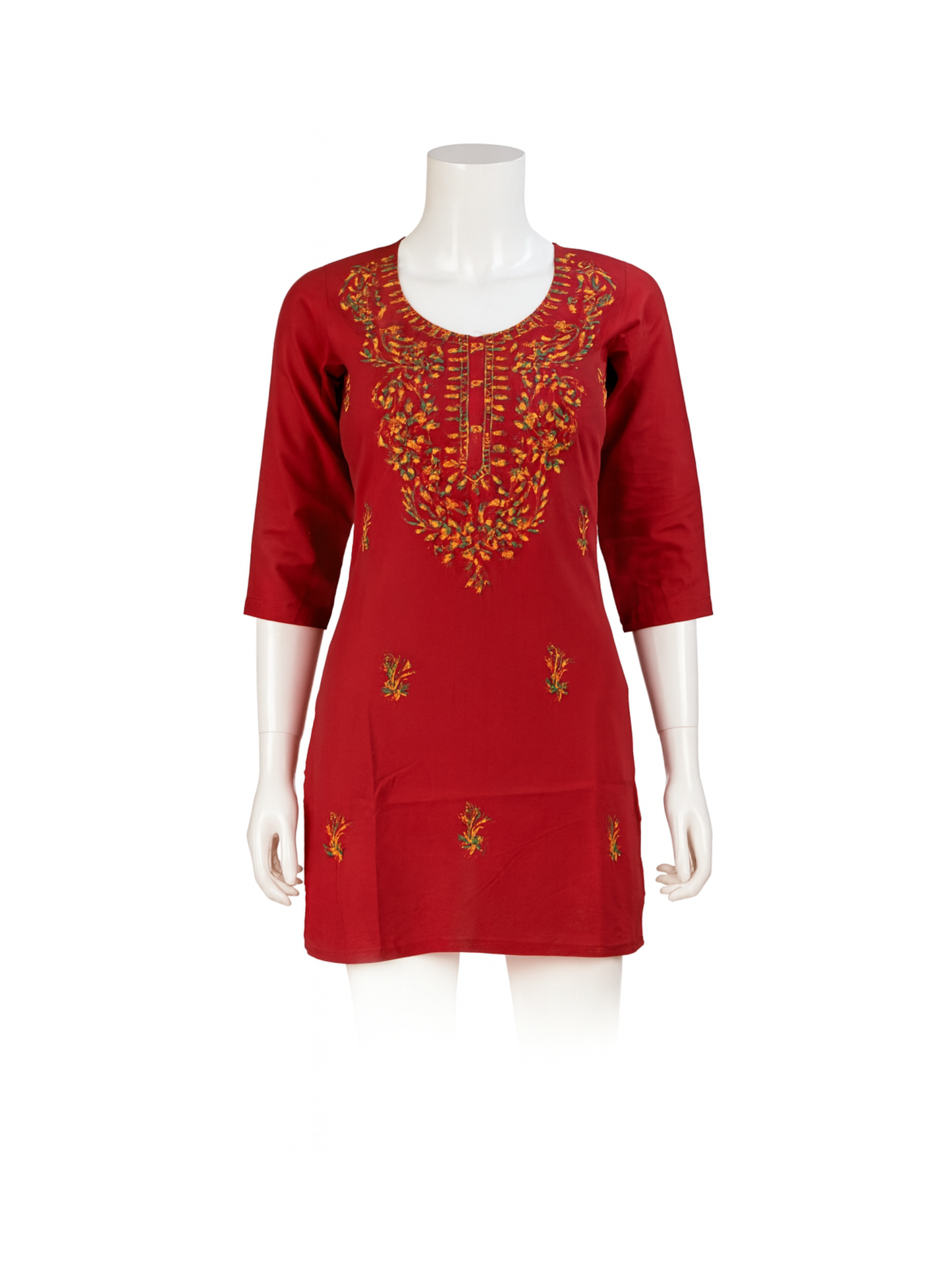 Red dress with intricate embroidery on a mannequin against a white background