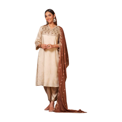 Embroidered Yoke Straight Kurta Set with Dupatta