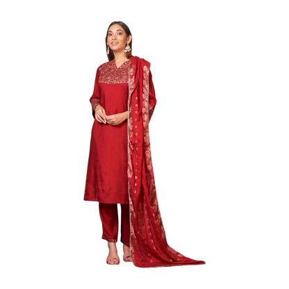 Embroidered Yoke Straight Kurta Set with Dupatta