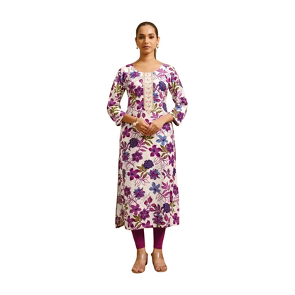 Premium Straight Printed Rayon Kurti with Embroidery Highlights
