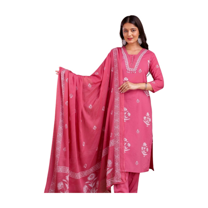 Embroidered Cotton Kurta Set With Dupatta – Blue & Pink