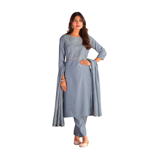 Eagle Gray Thread Embroidered Straight Kurta Set with Dupatta