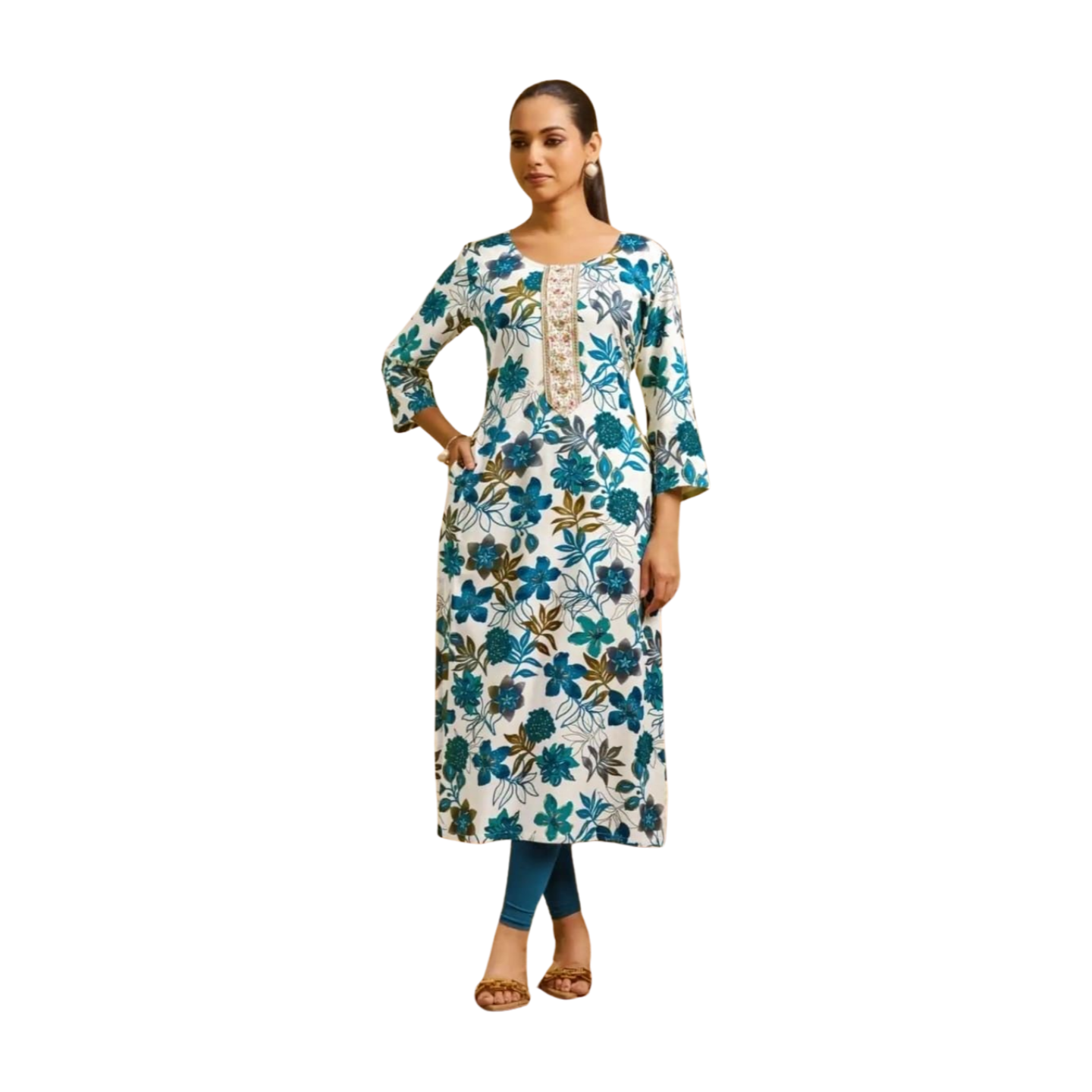 Premium Straight Printed Rayon Kurti with Embroidery Highlights