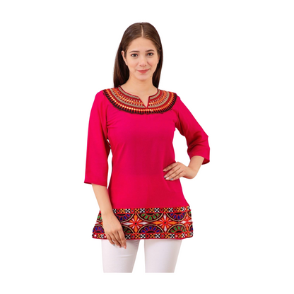 Embroidered Cotton Short Kurti – Multicolour Neck Design