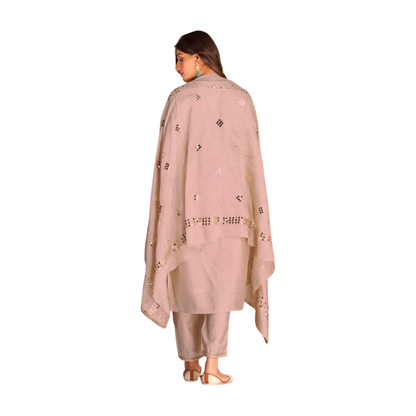 Cream Mirror-Work Embroidered Kurta Set with Dupatta