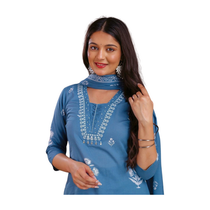 Embroidered Cotton Kurta Set With Dupatta – Blue & Pink