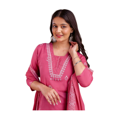 Embroidered Cotton Kurta Set With Dupatta – Blue & Pink