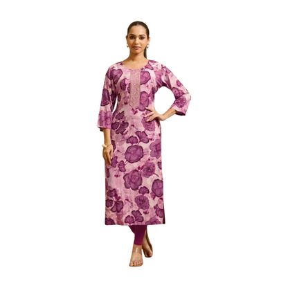 Premium Straight Printed Rayon Kurti with Embroidery Highlights