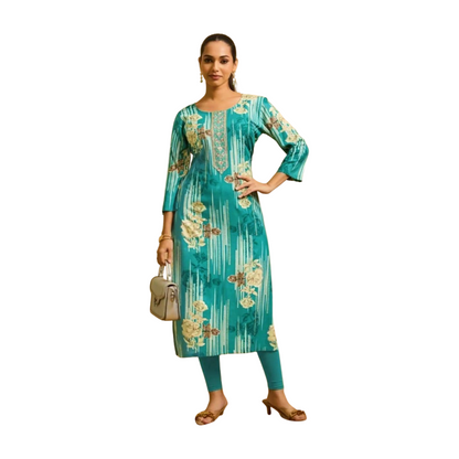 Premium Straight Printed Rayon Kurti with Embroidery Highlights