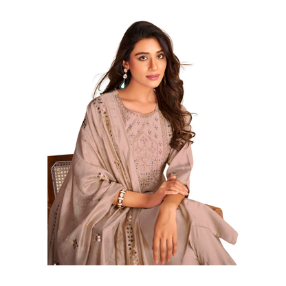 Cream Mirror-Work Embroidered Kurta Set with Dupatta