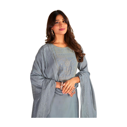 Eagle Gray Thread Embroidered Straight Kurta Set with Dupatta