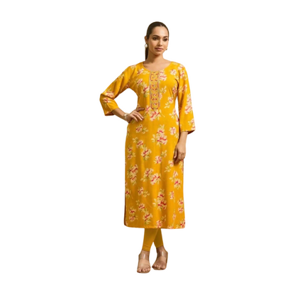 Premium Straight Printed Rayon Kurti with Embroidery Highlights