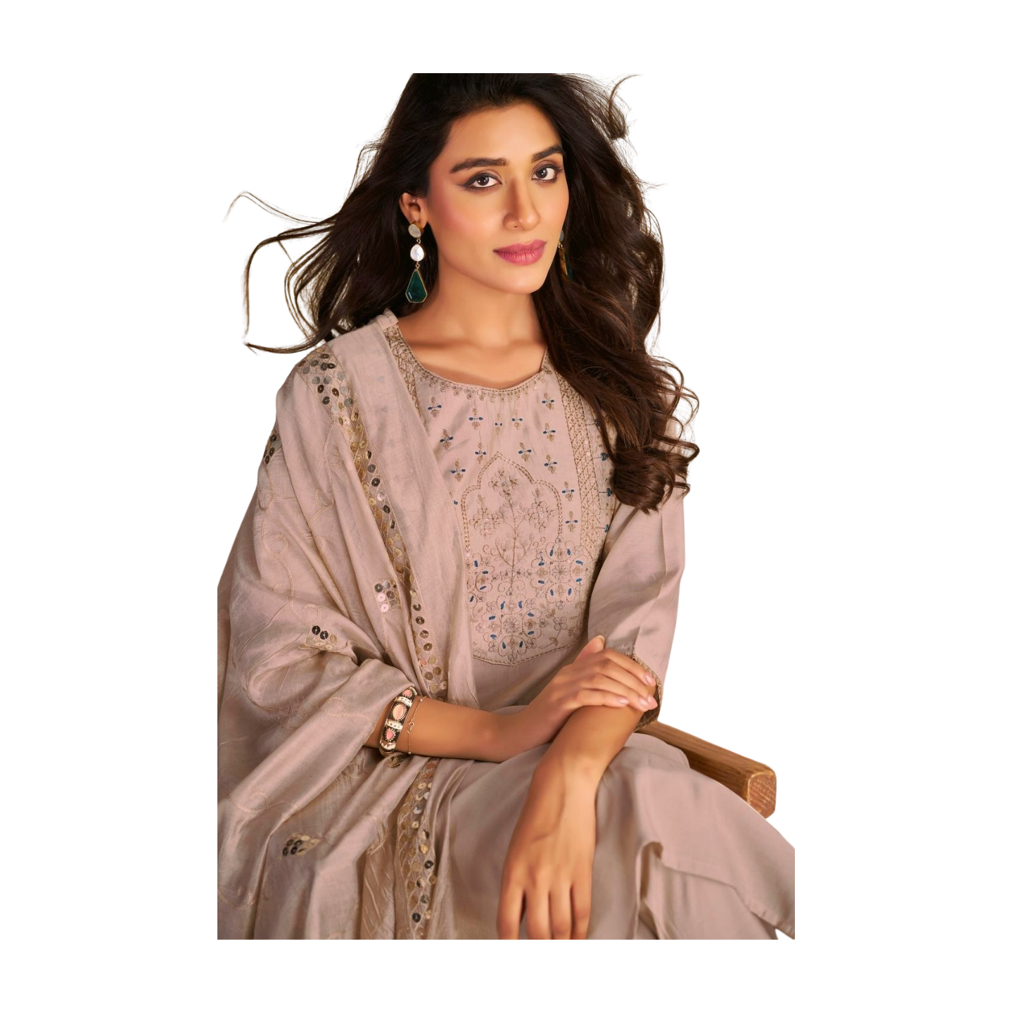 Cream Mirror-Work Embroidered Kurta Set with Dupatta