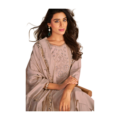 Cream Mirror-Work Embroidered Kurta Set with Dupatta