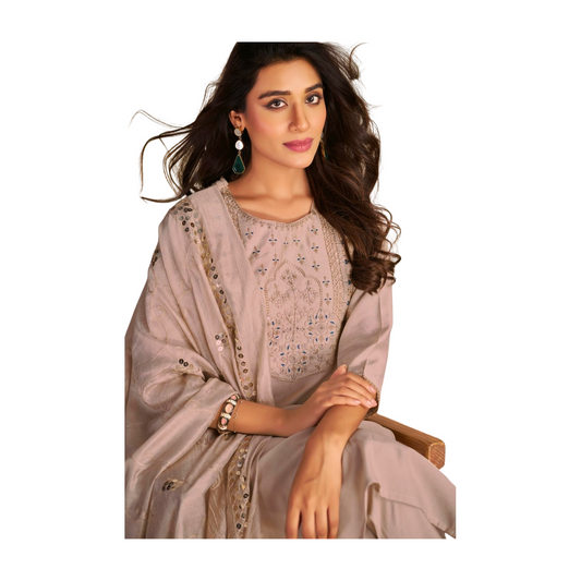 Cream Mirror-Work Embroidered Kurta Set with Dupatta
