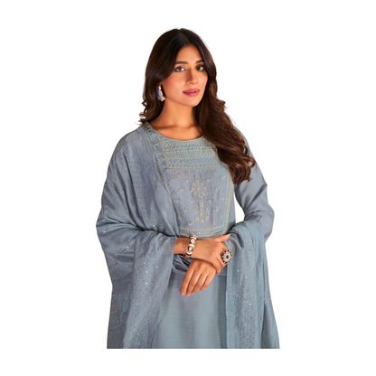 Eagle Gray Thread Embroidered Straight Kurta Set with Dupatta