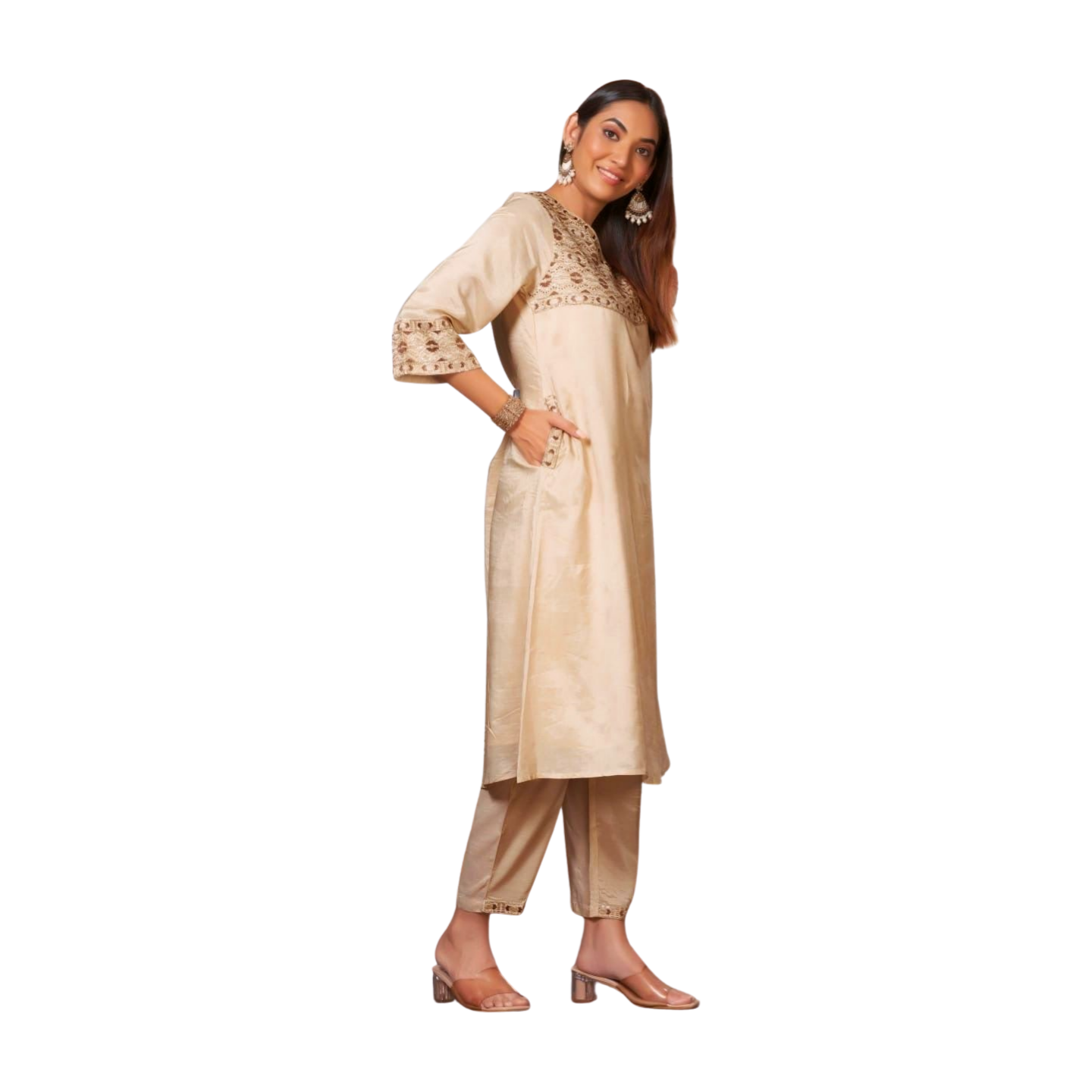 Embroidered Yoke Straight Kurta Set with Dupatta
