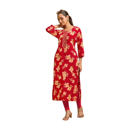 Premium Straight Printed Rayon Kurti with Embroidery Highlights
