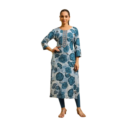 Premium Straight Printed Rayon Kurti with Embroidery Highlights