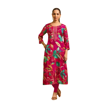 Premium Straight Printed Rayon Kurti with Embroidery Highlights