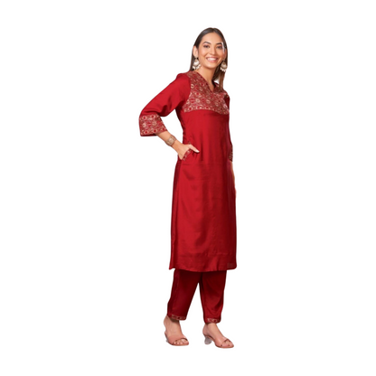 Embroidered Yoke Straight Kurta Set with Dupatta