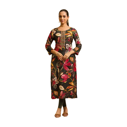 Premium Straight Printed Rayon Kurti with Embroidery Highlights