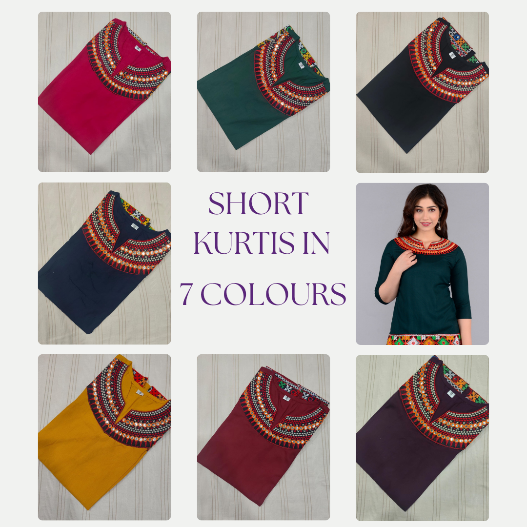 Embroidered Cotton Short Kurti – Multicolour Neck Design