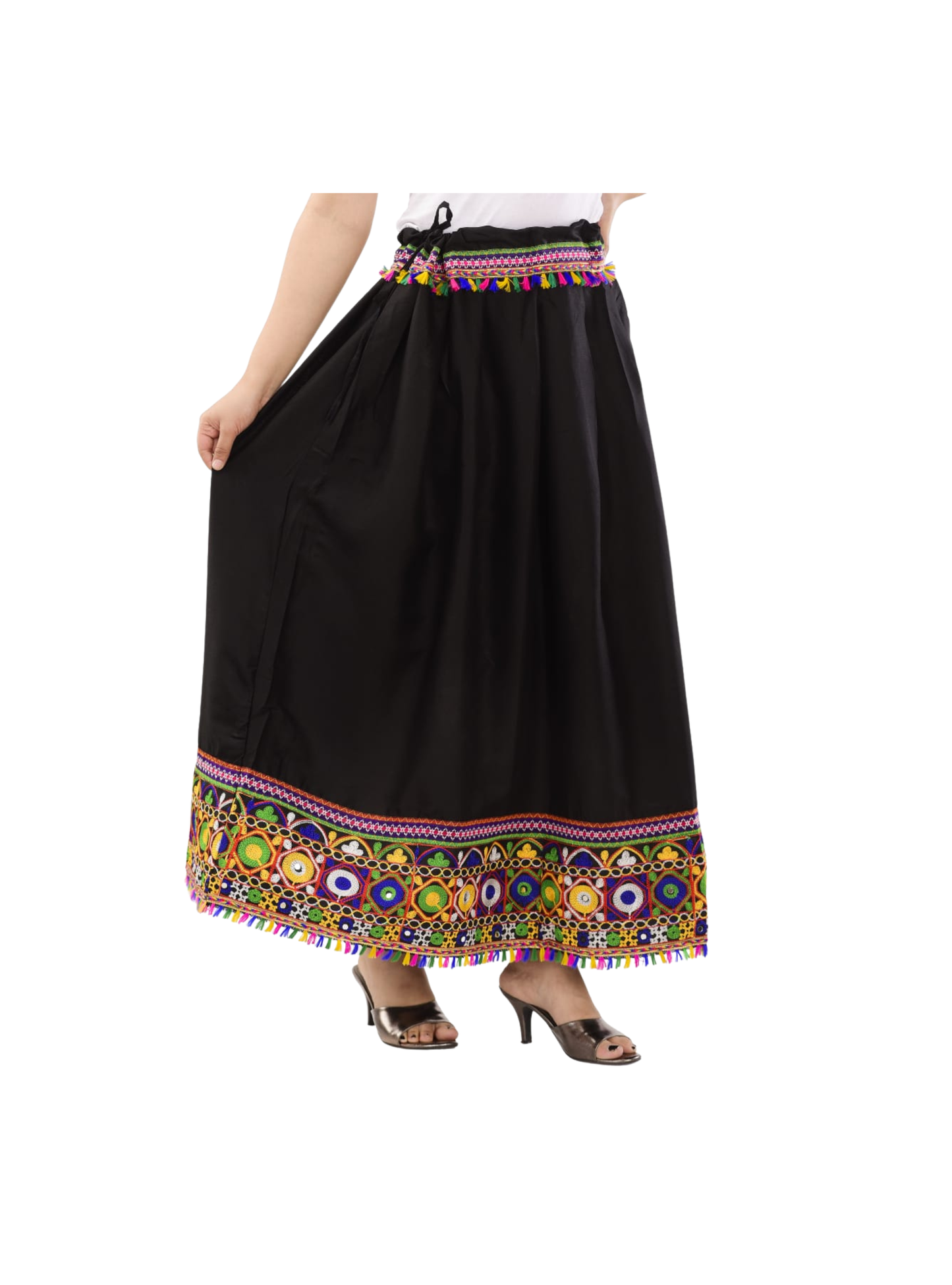 Black skirt with colorful embroidery and tassels on a white background