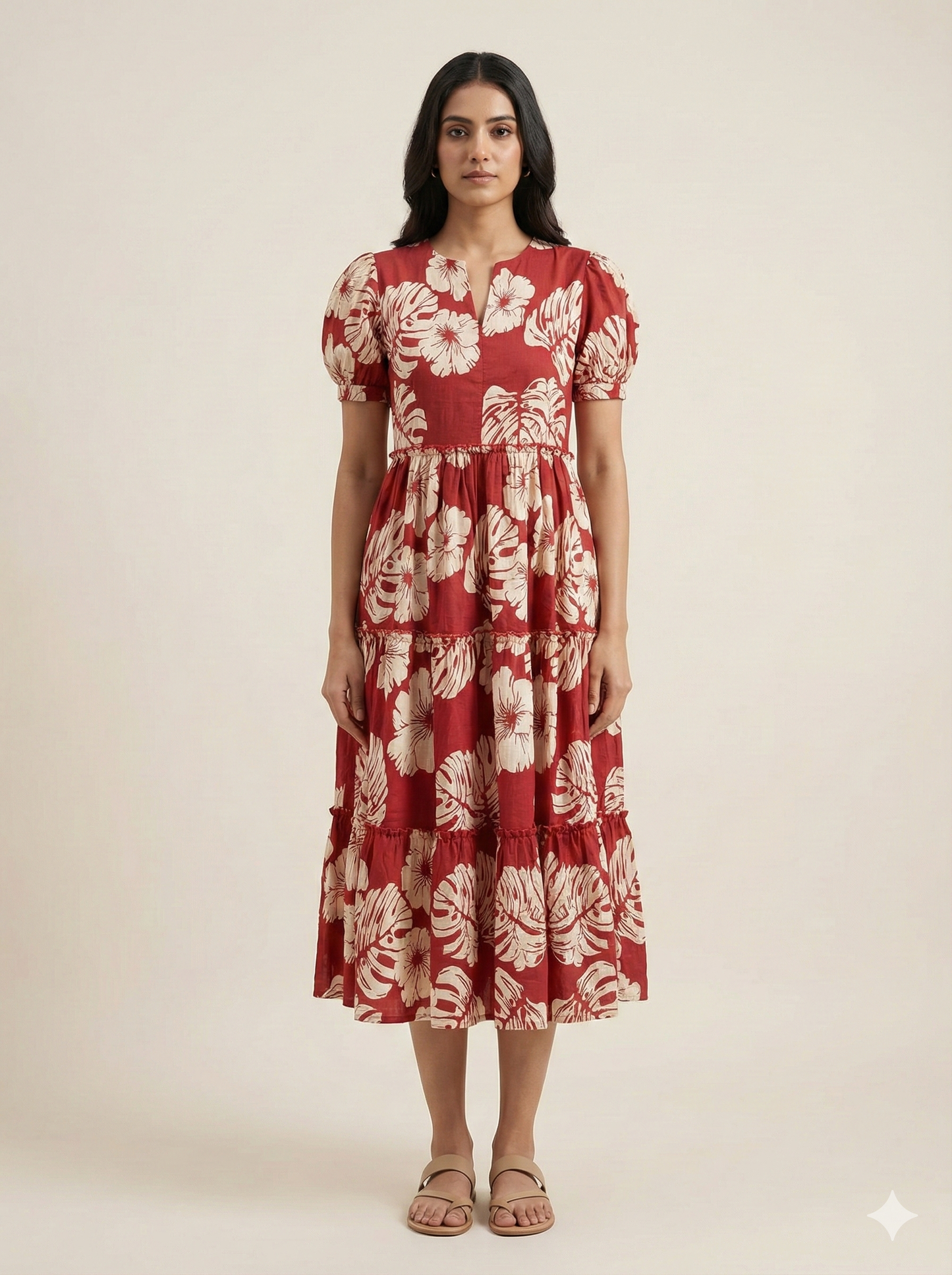 Woman wearing a red floral dress on a beige background