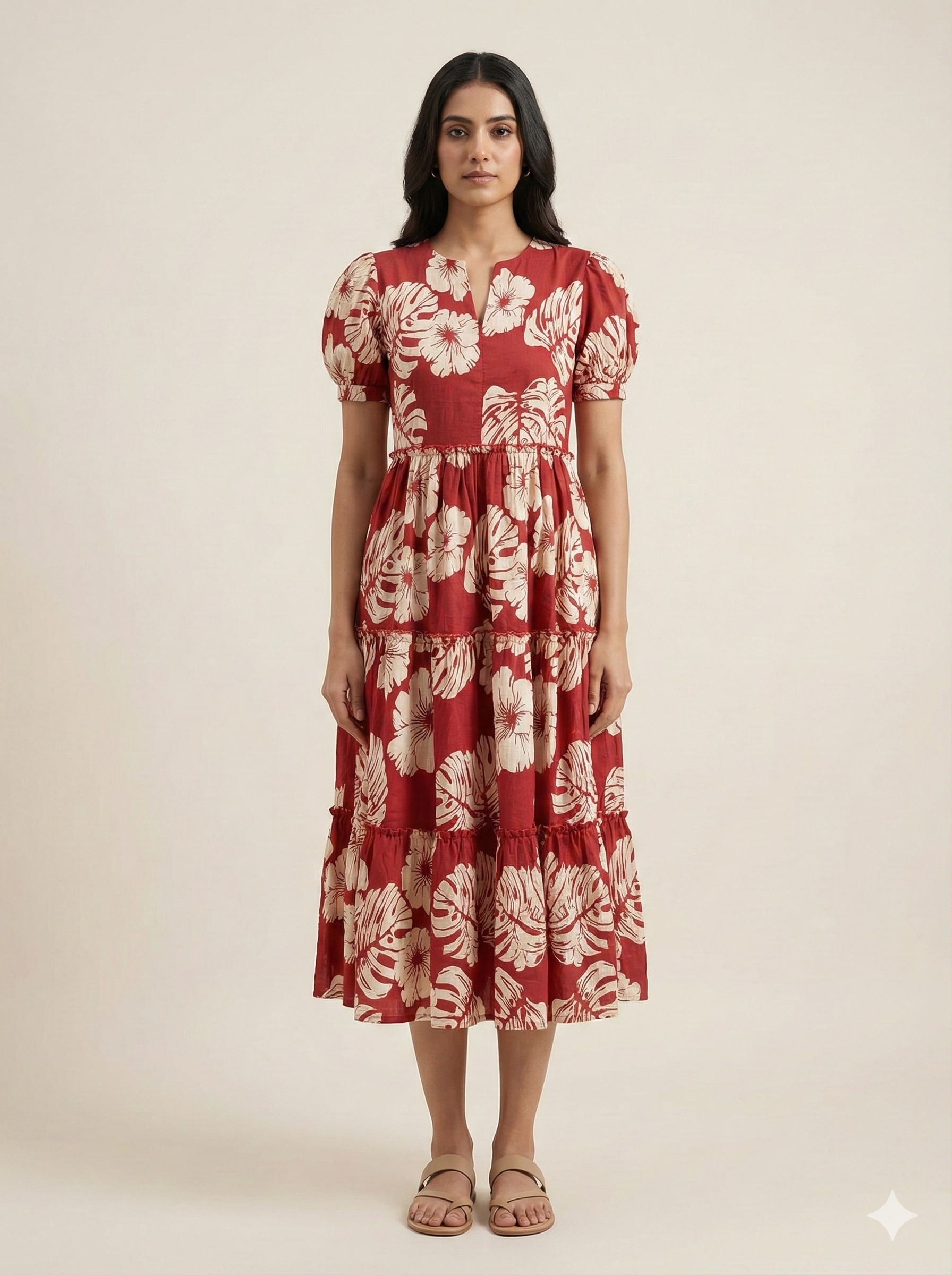 Woman wearing a red floral dress on a beige background