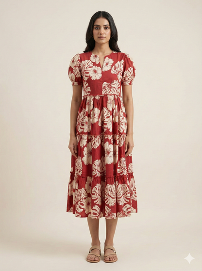 Woman wearing a red floral dress on a beige background