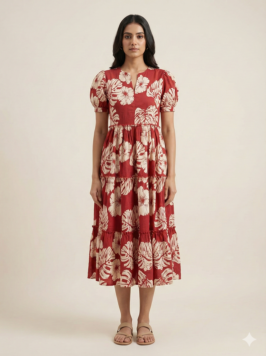 Woman wearing a red floral dress on a beige background