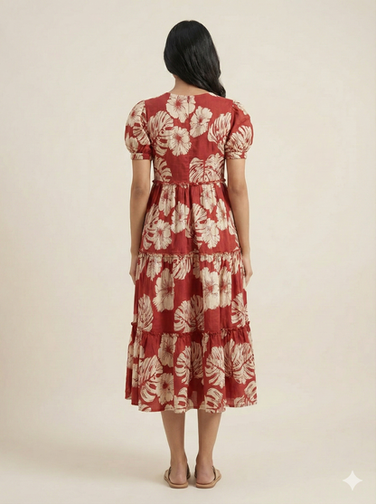 Women’s Rayon Floral Tiered Anarkali Dress – Half Sleeves | 45" Length