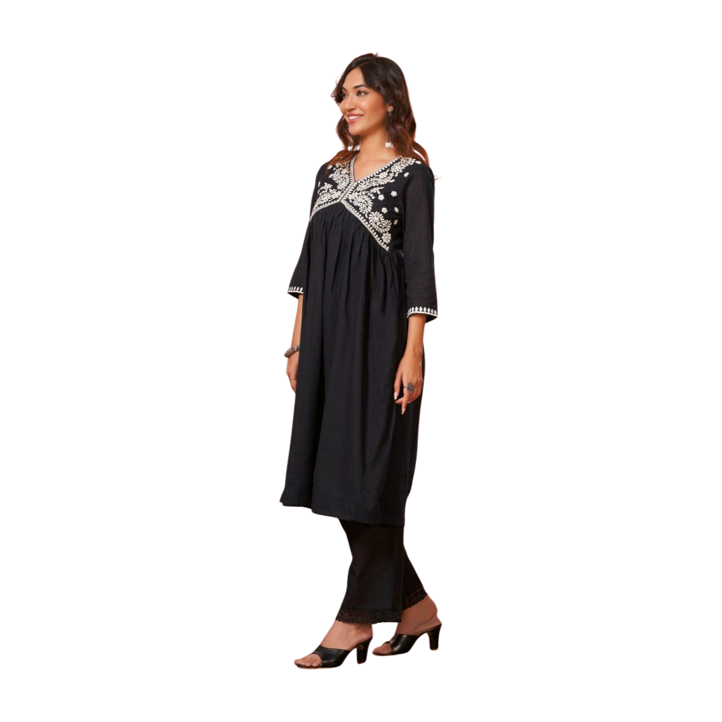 Black Contrast Thread Embroidered Kurta Set with Dupatta
