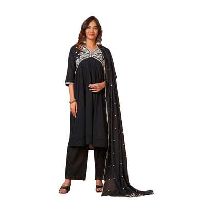 Black Contrast Thread Embroidered Kurta Set with Dupatta