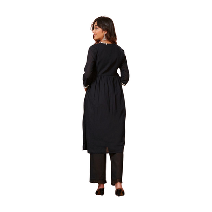 Black Contrast Thread Embroidered Kurta Set with Dupatta