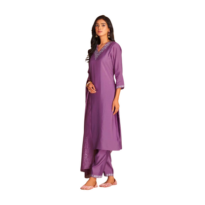 Lavender Embroidered Straight Kurta Set with Dupatta