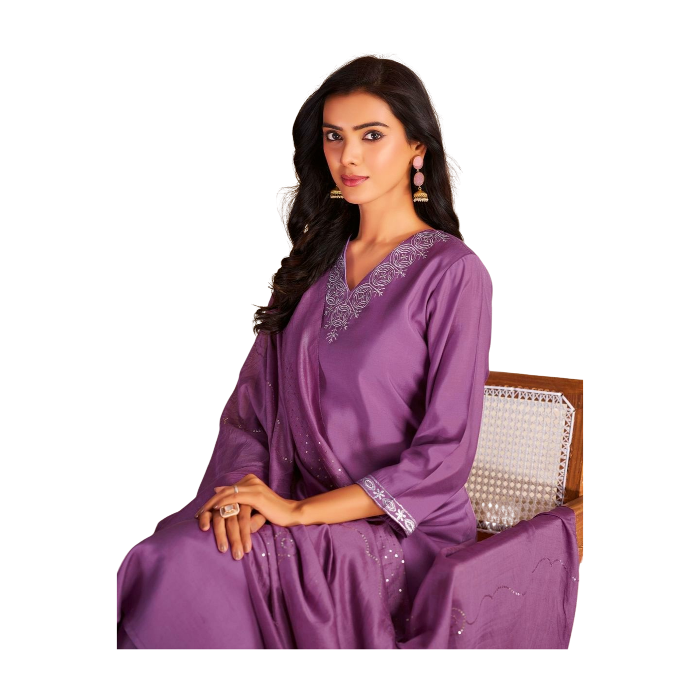 Lavender Embroidered Straight Kurta Set with Dupatta