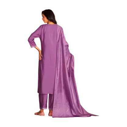 Lavender Embroidered Straight Kurta Set with Dupatta